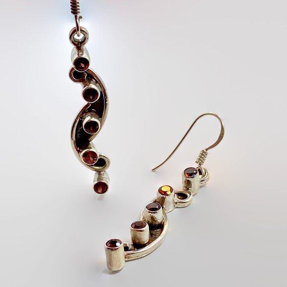 Garnet Earrings, Sterling Silver, Vintage, Red Stone, 2" Long, Modern - Picture 4 of 4